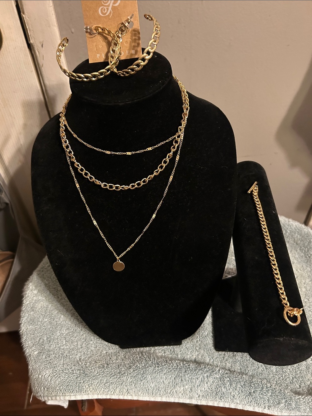 Gold Layered Chain Necklace Set with Bracelet and Cuff - Women Jewelry